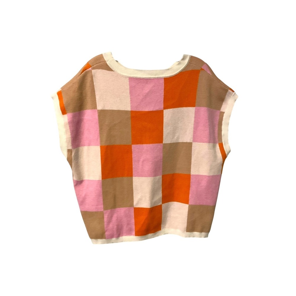 Womens Multi Color Checkerboard Knit Top Short Sleeve Viscose Sweater XL Retro - Picture 3 of 6
